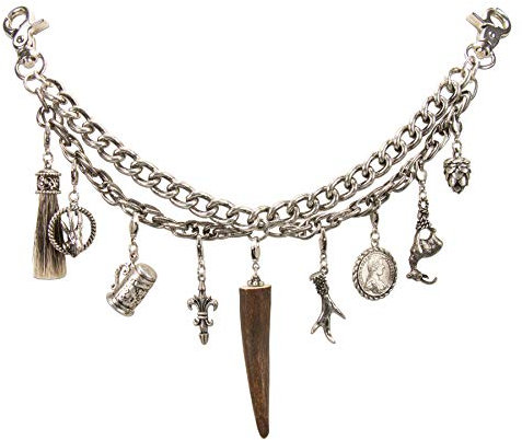 Alpenflüstern Trachten-Charivari Lorenz - Hochwertiger Herren-Trachtenschmuck mit Trophäen-Anhängern für die Lederhose, echtes Hirschhorn, (antik-silber-farben) HCH037