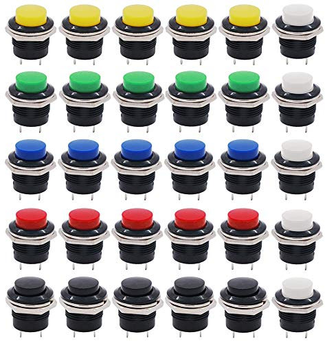 QitinDasen 30Pcs Premium 16mm Plástico Momentáneo Interruptor a Pulsador, 2 Pin SPST Plástico Interruptor de Botón de Cabeza Alta Redonda, 3A 250V AC / 6A 125V AC (6 Colores)