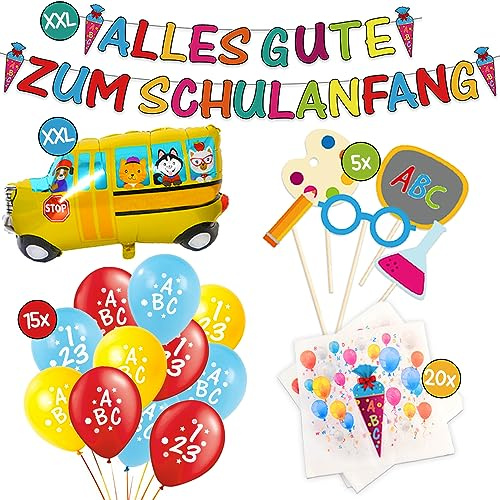 TEDORU XXL Deko Set zur Einschulung/Schulanfang/Erster Schultag für Jungs und Mädchen | Girlande + XXL Folienluftballon + 15 Luftballons + 20 Servietten + Foto-Requisiten-Set