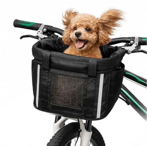 ANZOME Folding Dog Bike Basket, Quick-Release Detachable Front Pet Carrier for Small Dogs & Cats (Up to 11 lbs), Waterproof Bicycle Handlebar Bag for Cycling, Shopping & Picnics (Easy Install)