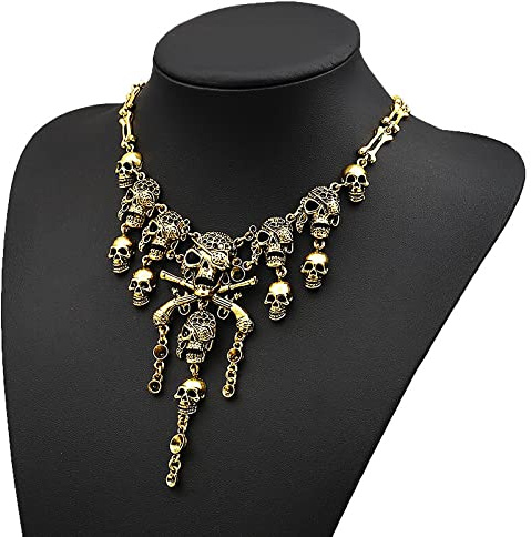 FakeFace Gothic Totenkopf Halskette Piratenkette mit Quaste – Punk Rock Schädel Anhänger Kette für Damen & Herren, Halloween Karneval Kostüm Schmuck, Gold/Silber