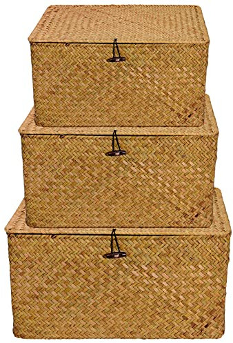 PINGEUI Set of 3 Seagrass Storage Baskets, Rattan Woven Storage Box with Lid and Button, Rectangular Seagrass Hamper Basket Storage Shelf Basket for Clothes, Makeup, Books, Small/Medium/Large