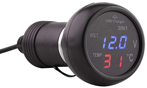 3-in-1-USB-Autoladegerät Voltmeter-Adapter Auto LKW 3in1 Dual LED Digitalanzeige Voltmeter Thermometer Zigarettenanzünder USB Autoladegerät 12-24V(Blau+Rot)