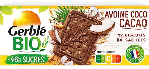 GERBLÉ BIO – Biscuits Avoine Cacao Coco – Cacao Durable – Réduits en Sucres – Riche en Fibres – Sans Huile de Palme – 4 Sachets Individuels – 12 Biscuits – 132 g