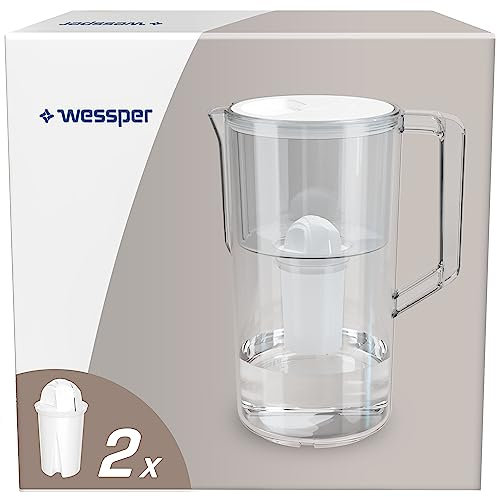 Wessper Carafe Filtrante d'eau 2,5 L Aqua Max Basic, Compatible avec Brita Maxtra, Système de Filtration d'eau Réduisant le Tarter et le Chlore, Set Contient deux Cartouches Filtrantes d'eau, Blanc