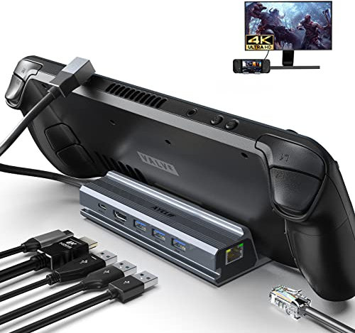 AYCLIF Docking Station per Steam Deck, 6 in 1 stazione di docking Steam Deck con HDMI 4K@60Hz, 3*USB 3.0, ricarica PD 100W, 1 Gbps Ethernet, Accessori per Valve Steam Deck supporto