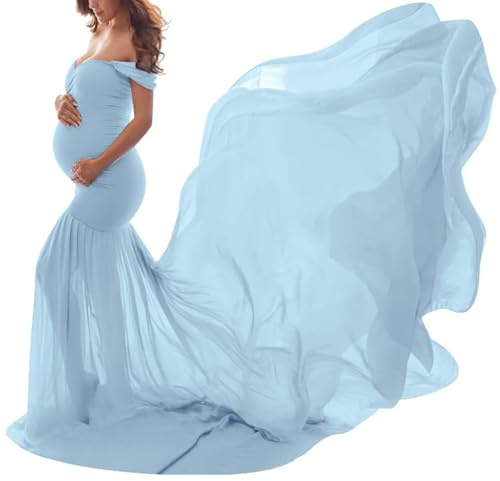 shownicer Robe Grossesse Femme Jupe Longue en Mousseline de Soie Maternité Photographie Robe avec Epaules Dénudées Couleur Unie Élégant Shooting Photo Maxi Robes