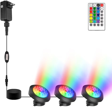CREPOW RGBW Pond Lights with Timer, 18 LED Super Bright Underwater Submersible Fountain Lights Color Changing Spotlights, Remote Control IP68 Waterproof for Fish Aquarium Tank Garden Pool (Set of 3)