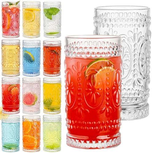 Claplante Vintage Drinking Glasses Set - 12 Pcs Romantic Highball Tumblers, 15oz Cups for Water, Mojito, Cocktail, Whiskey, Juice - Tall Glassware