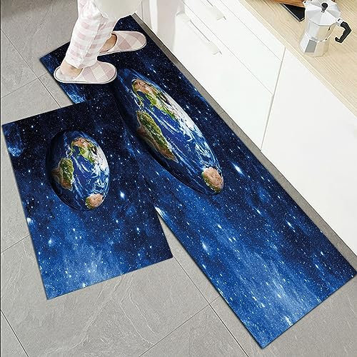 Küchenläufer Küchenmatte 2 Stück 45x70cm+45x120cm,Weltraum, Außenansicht des Planeten Erde im Sonnensystem mit Sternen L,Rutschfest Pflegeleicht, Anti-Müdigkeit Küchenteppich Teppich Läufer für Küche