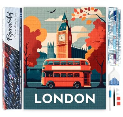Figured'Art Diamond Painting Erwachsene 40x50cm Ganze Leinwand gerollt Reiseposter London 5D Bilder Eckige Steine - DIY Set Basteln