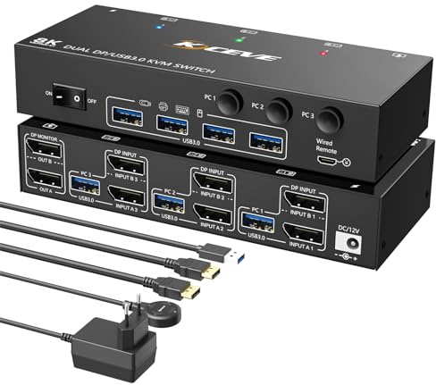 8K KVM Switch 3 PC 2 Monitore Displayport 4K@144Hz 8K@60Hz,mit 4 USB Ports | Dual Monitor KVM Switch DP1.4 für 3 PC 2 Monitor und Tastatur Maus,KVM Umschalter Unterstützung von Extended & Duplicate Mode