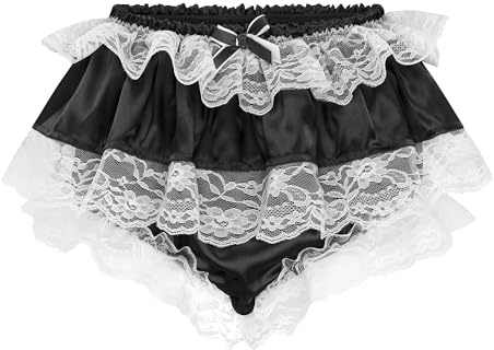 Satini Frilly Lace Sissy Ruffled French Knickers Briefs Lingerie Silky Satin Underwear Panties (Black, M)