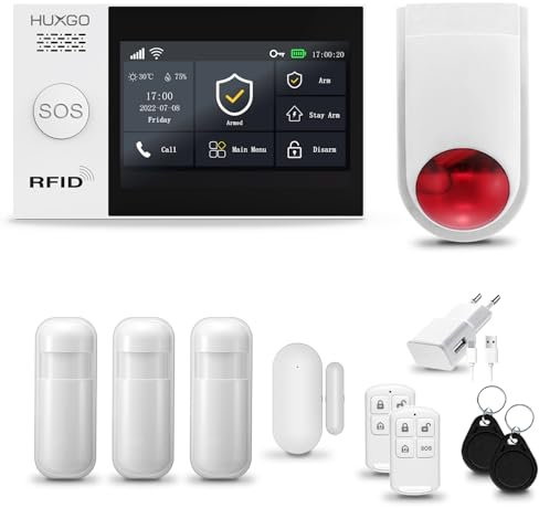 HUXGO® HXA007 Sistema di allarme casa senza fili con radio Sirena esterna WiFi + GSM | Impianto allarme casa kit con 1x sensori di allarme per finestre/portes, 3x rilevatori di movimento