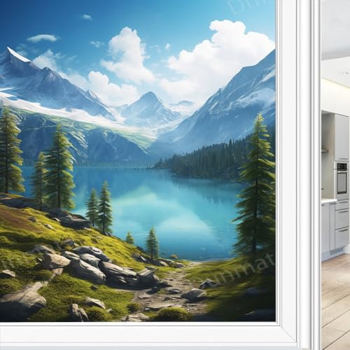 Schöner See Fenster Sichtschutzfolie Modern Mountain View Blue Sky Landschaft Buntglas Fensterfolie Sonnenblockierung Wärmeregulierung Dekorative Fensterabdeckung Folie für Home Office 60 * 90cm