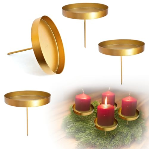 VOPIWOZ Adventskranz Kerzenhalter Metall, Kerzen Adventskranz 4er Set, Kerzenhalter Stumpenkerzen, Kerzenständer Gold für Stabkerzen mit Dorn 4Kerzenständer furAdventskranz