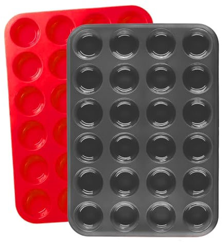 XMDROU 2 Pack Mini Muffin Pan, 24 Cups Silicone Cookies Cupcake Bakeware Tin Round Cupcake Tray Baking Mould Non Stick Heat-Resistant (Red + Grey)