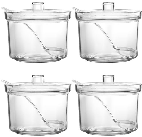 KoMvzyl 4 Pieces Acrylic Sugar Containers for Countertop Clear Sugar Holder Dispenser Salt Bowl with Lid and Spoon with Tag for Serving Condiment Candy Coffee Tea Spices Herbs