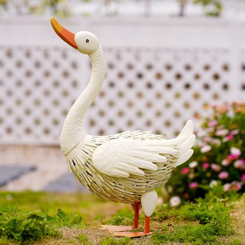 Goodeco Decorazione da giardino in metallo a forma di cigno – statua in ferro battuto fatta a mano in bianco crema per decorazione esterna, per patio, prato o laghetto