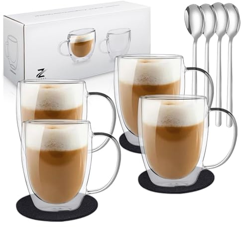 Zobel Latte macchiato-glas 350 ml med handtag, set om 4 dubbelväggiga kaffeglas av borosilikatglas inklusive underlägg och skedar, diskmaskinssäkra och värmebeständiga