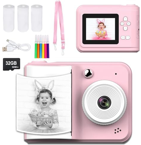 Macchina fotografica di stampa istantanea per bambini, fotocamera digitale 1080p per ragazzi e ragazze, schermo da 2,4 pollici, con scheda SD da 32 GB, lettore MP3, giochi divertenti e