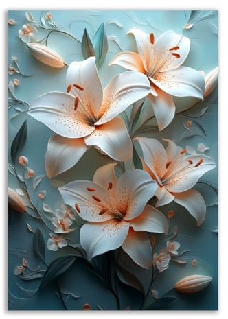 TERUEA Lienzo decorativo para pared con flores Lirio en relieve 3D Poster Pared Boho Rustico para Dormitorio Salon Impresiones en Lienzo（Blanco-70x100cm1 Sin marco