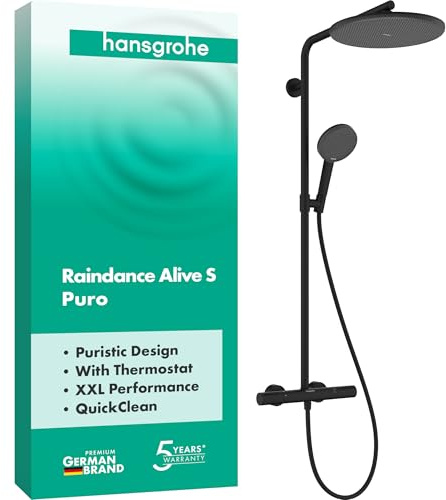 hansgrohe Raindance Alive S Puro - Duschsystem med termostat, Regndusch (300 mm), Duschset med handdusch (3 stråltyper), duschslang, duschstång och rund huvuddusch, matt svart, 24592670