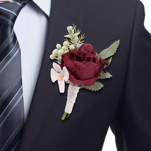 lasuroa Bouquet da Taschino Uomo, Artificiale Fiore di Rosa Rossa Decorazione per Abito da Ballo per Sposo e Testimoni dello Sposo