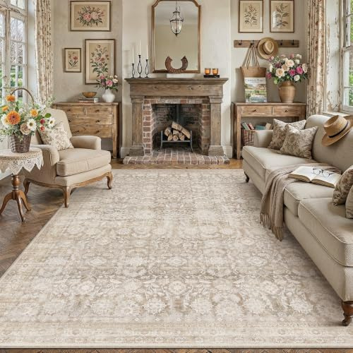 PureCozy Teppich Wohnzimmer 200x300cm Waschbarer Vintage Beige Tepich for Schlafzimmer kurzflor rutschfest Weich Boho Retro Groß Carpet für Küchen Esszimmer Bedroom Living Room