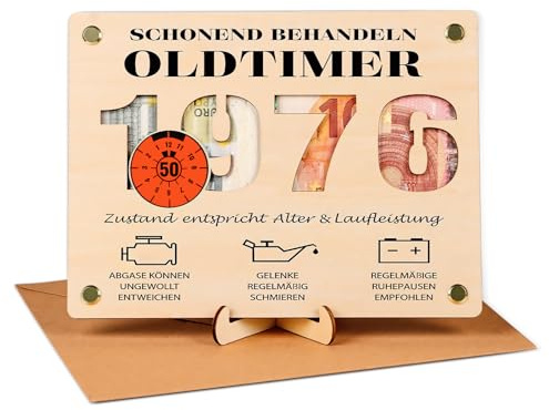 Geldgeschenk 50 Geburtstag Mann, Witzige Geldgeschenke Holz mit Umschlag | 2026 Geschenk 50 Geburtstag Mann - Schonend Behandeln 1976 Oldtimer