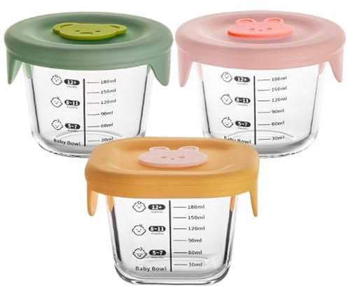 Contenitori di stoccaggio degli alimenti per bambini 3 pezzi Contenitori per alimenti per bambini 230 ml barattoli di vetro non tossici rotondi e quadrati con coperchio in silicone e scala -20-400 ℃