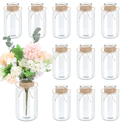12PCS Vintage Glass Vases for Flowers, Farmhouse Clear Glass Vases for Centerpieces Small Flower Vases with Twine Ties Bulk Mason Jars for Wedding, Parties, Table Decor (Transparent)