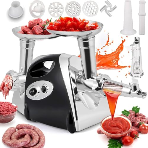 Electric Meat Grinder - Multi-Function Food Processor with Sausage Stuffer, Tomato Juicer, and Sauce Maker for Home Kitchen Use