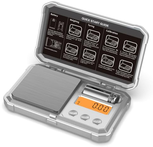 Denash Digitale Taschen-Grammwaage, 200 G, 0,01 G, Hochpräzise Waage mit Schutzhülle und 6 Einheiten für Lebensmittel, Edelsteine, Pulver, Tara-Funktion (SILVER)