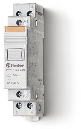 Finder Relè Monostabile Modulare 20 A. Dotato di interruttore bipolare 1 NO + 1 NC. Corrente nominale 20A.Tensione nominale/ Max tensione commutabile 250/400 V AC. Per montaggio su barra 35 mm