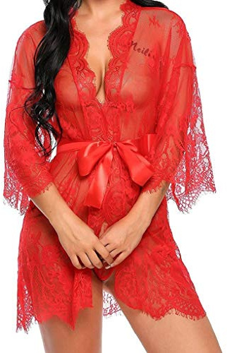 UMIPUBO Femmes Vêtements de Nuit Sexy Lingerie Dentelle Mis en Maille Nuisette Chemise de Nuit Sleepwear Robe + G-String Ensemble (EU 44, Rouge)