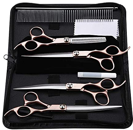 Fellscheren Pet Grooming Scissors Kit 7 inch 4pcs Gold Griff Schere Professionelle und langlebige Pflegenscheren Haarschnitt Werkzeuge für Hund Katze Fell Ausdünnen und Schneiden