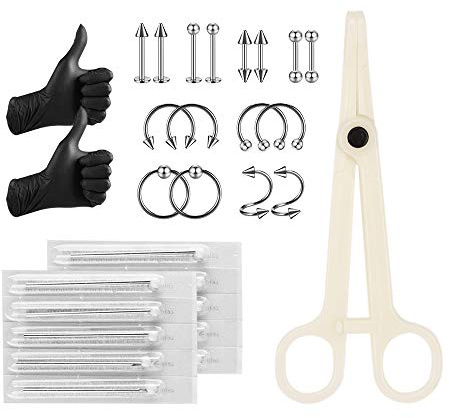 ATOMUS Piercing Set - 16 Typer av Smycken, Bananabells, 14G Nålar, 16G Rostfritt Stål Navelpiercing, Pincett