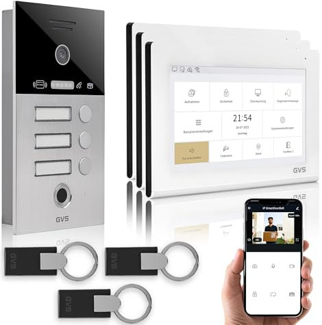 GVS - IP Video Türsprechanlage 3 Familienhaus mit Türöffner (RFID & Fingerprint), HD Kamera, 3X 7 Zoll Monitor & App - Smarte Video Türklingel mit Kamera & Gegensprechanlage (AVS4478U)