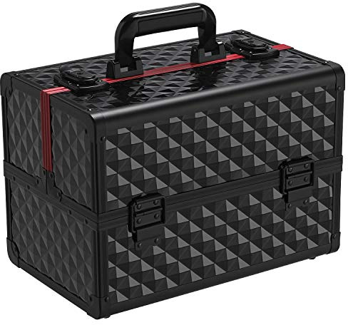 costoffs Portable Cosmetic Storage Box for Jewellery, Black/Red | Aluminium-Trimmed Case, Four Tiered Trays, Lockable Design, Flexible Compartments for Cosmetics and Accessories
