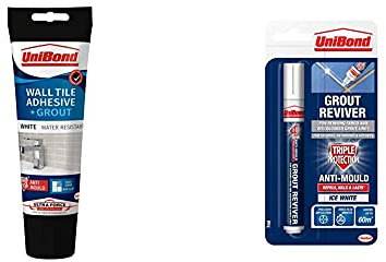 UniBond Ultra Force Wall Tile Adhesive and Grout in Easy Apply Tube, White 300g & Grout Reviver Pen for Restoring Bathroom Joints, Easy to Use, 1x7ml