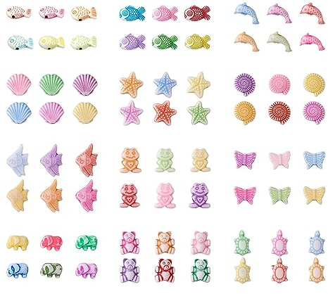 PandaHall Acrylperlen mit Meeresmotiven, gemischte Farben, Seestern, Schmetterlinge, Delfin, Fisch, Schildkröte, Muschel, Mini-Pony-Perlen für Schmuckherstellung, DIY, Handwerk, transparent, 330 Stück