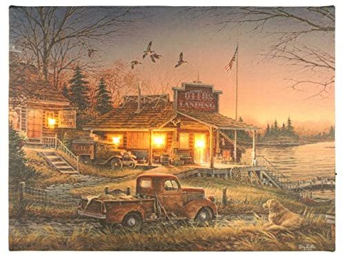 Nexos Trading LED Wandbild Leinwandbild mit Beleuchtung Fotodruck Tennessee 30 x 40 cm 4 LED warm weiß Kunstdruck Leuchtbild Wiese Vintage-Stil Seehaus