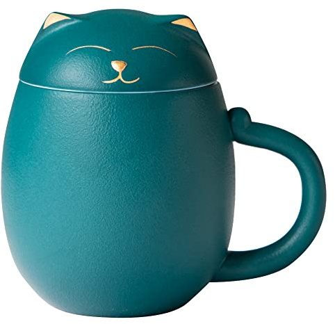 HEER Taza de té de gato con infusor y tapa, bonita taza de té con colador para remojar hojas sueltas, taza de té de cerámica para cumpleaños, Navidad, amantes de los gatos, regalos para mujeres