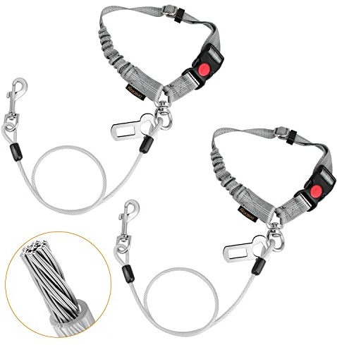 CHZUOBER Chew Proof Dog Car Seat Belt, 2 in 1 Steel Cable Dog Car Accessories Headrest Restraint for Medium Large Dogs Chewer Heavy Duty Dog Seatbelts for Cars Swivel Attach