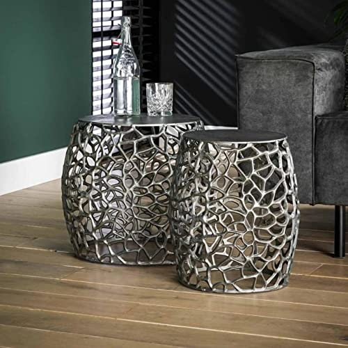 RINGO-Living stylisches Couchtisch 2er Set Manula in Silber-matt aus Nickel& Aluminium, Wohnzimmertisch rund aus Metall, Beistelltisch modern Design, Wohnzimmertisch Industrie Style, Industrial Retro