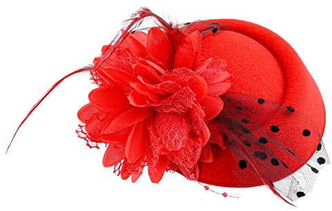 Yolev Vintage Fascinators Hut 20er 50er Blume Federkleid Kopfschmuck Fascinator Hochzeit Rot Hüte Teeparty Cocktail Schleier Pillendose Stirnband Schleier Hut Damen Mädchen Halloween