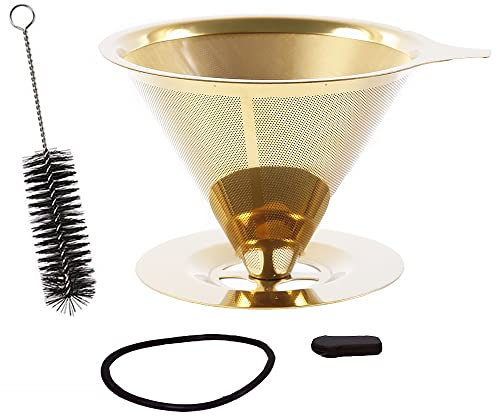 Filtre à café, goutte à café permanent sans papier, filtre à café en acier inoxydable avec support pour cafetière manuelle, filtre conique en maille (doré)
