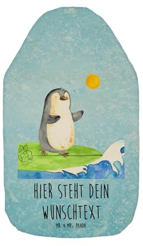 Mr. & Mrs. Panda Personalisierte Wärmflasche Pinguin Surfer - Eisblau