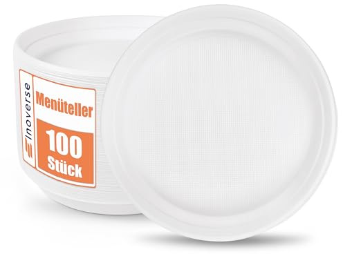 Inoverse återanvändbara plasttallrikar 100 stycken Ø 22 cm – stabila odelade festtallrikar och plastmattallrikar för grill, catering och födelsedag, vit
